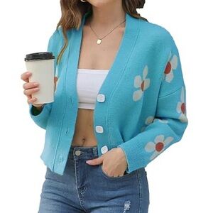 Women Loose Knitwear Floral Smile Face V Neck Long Sleeve Cardigan | OS